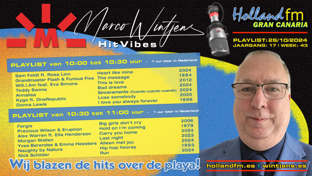 Playlist HitVibes Gran Canaria van zaterdag 26 oktober 2024