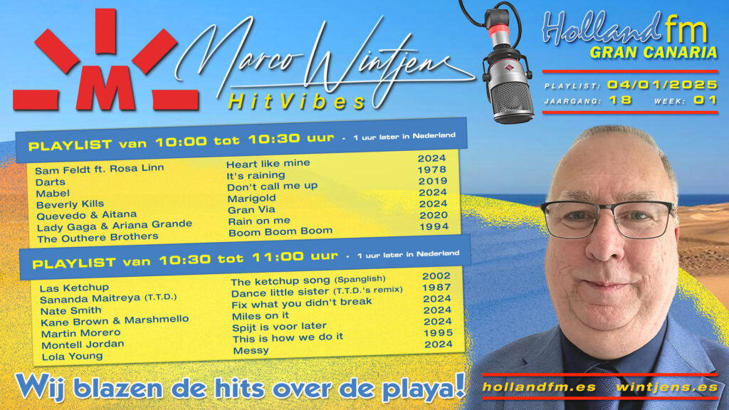 Playlist HitVibes met Marco Wintjens voor zaterdag 4 januari 2025